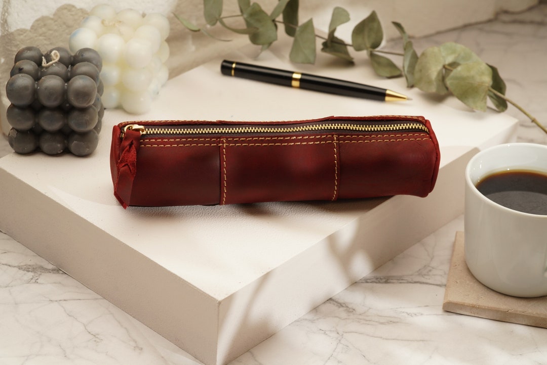 ECHSRT Small Pencil Pouch-Full-Grain Leather Pencil Case For Men- Vintage Genuine Leather Pouch For Adults-Stationery Organizer Bag For Work & Travel-Square-Black