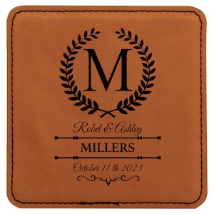 Personalized Leather Coasters, Wedding gift for Couple, Custom Anniversary Gifts, Bar Coasters for Drinks, Housewarming Gifts