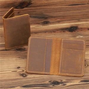 Cartera de cuero genuino personalizada, titular de la tarjeta de cuero, billetera plegable personalizada, billetera personalizada, regalo del Día del Padre