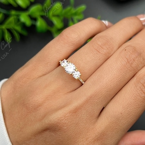 Three Stone Engagement Ring 14K/18k White Gold Bridal, Past Present Future Moissanite Engagement Ring, Three stone Ring For Valentine Day