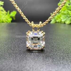 2.20ct Asscher Cut Moissanite Diamond Necklace, 14k Solid Gold Diamond Solitaire Pendant, Floating Diamond,Minimalist pendant,Gift Valentine
