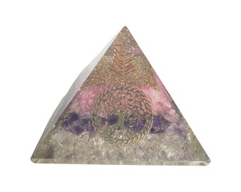Rozenkwarts, Amethist, Bergkristal Orgonite Piramide - Levensboom