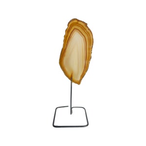 May include: A brown agate slice with a natural pattern is displayed on a metal stand. The agate is a light brown color with darker brown bands.