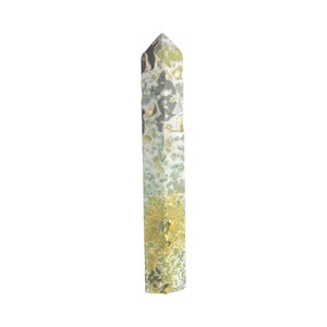 May include: A green, white, and black crystal point with a pointed tip. The crystal has a natural, organic pattern.