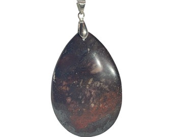 African Red Brecciated Jasper Pendant - Black Cord Necklace Included - A