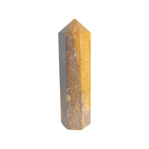 May include: A golden brown and grey crystal point with a hexagonal shape.