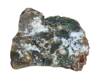 May include: A rough, irregularly shaped piece of moss agate with a mix of green, brown, and white colors. The agate has a natural, unpolished finish.