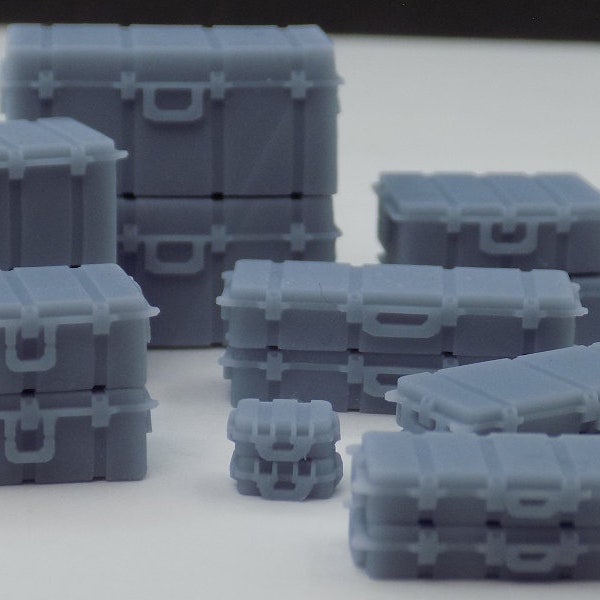 Complete set of miniature military cases and crates, 2 of each, 3d printed tabletop terrain, 28mm/35mm, 1/50 scale