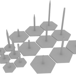 May include: A set of 13 gray hexagonal bases with gray plastic pegs of varying heights. The bases are arranged in a honeycomb pattern.