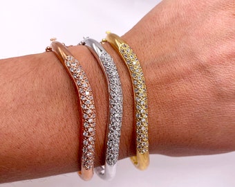 Pave CZ Diamond Wavy Bangle Bracelet in Silver, Gold or Rose Gold
