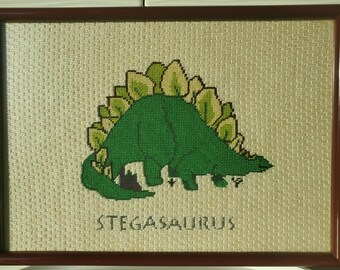 Cuadro vintage de punto de cruz hecho a mano con dinosaurio Stegasaurus, enmarcado, 13 x 18 pulgadas.