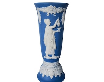 Vintage azul y blanco Jasperware Bud Jarrón Sainte Anne de Beaupre Jarrón Cerámica