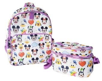 Mochila infantil Disney World con emojis, ideal para libros y almuerzo.