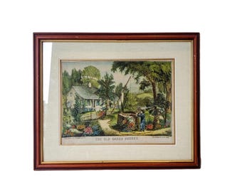 Currier & Ives Bordado El Viejo Cubo de Roble Casa del Lago Primaveral Enmarcado