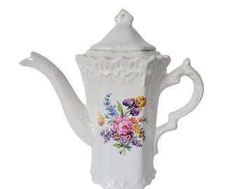 Antique Porcelain Coffee pot/Teapot Embossed Floral 3d Lace Marked With Lid