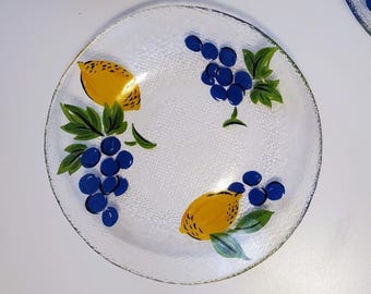 6 platos de ensalada/postre de vidrio texturizado francés Arcoroc vintage con uvas y limón.