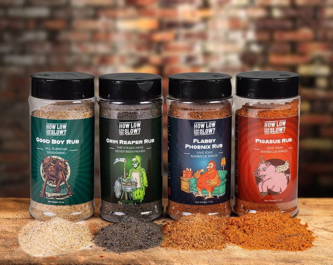 4 Rub Bundle Low & Slow BBQ rub pack with free shipping! Seasoning rubs for smoked barbecue meat. Free Shipping