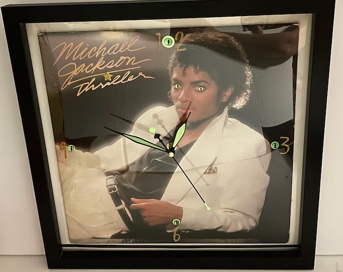 Featured listing image: Michael Jackson Thriller Album Clock: Framed Glow-in-the-Dark Upcycled Vinyl