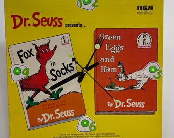 Upcycled Dr. Seuss Record Clock: Fox in Socks & Green Eggs, 1970s Album