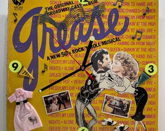 Grease Broadway Musical Clock: Upcycled 1970s Album Art, 1950s Retro Decor