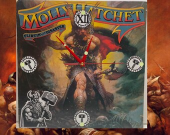 Molly Hatchet – Flirtin’ With Disaster (ca. 1979) Original Upcycled Record Album Wall Clock – Frazetta “Dark Kingdom” Art/Thor Hammer Add-On