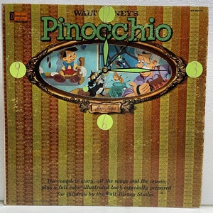 Reloj de pared reciclado de vinilo original con temática infantil de Pinocho, circa 1960