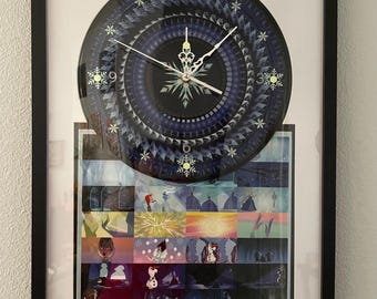 Disney "Frozen" Zoetrope Vinyl Record Handmade Upcycled Wall Clock – Custom Framed, Glow in the Dark, One-of-a-Kind Collectible