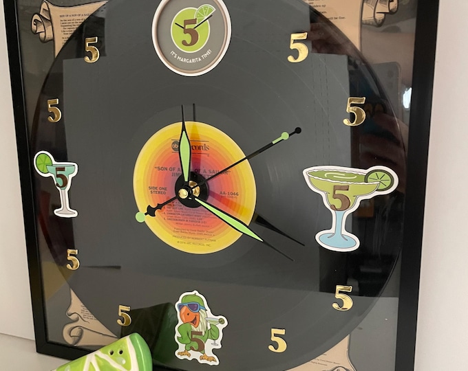 Featured listing image: Jimmy Buffett Son of a Son of a Sailor Upcycled Vinyl Record Wall Clock – Parrothead Collectible & Salt Shaker “It’s 5:00 Somewhere” Time!