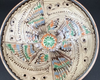 Romanian Horezu Traditional Ceramic Dish Clay Decorative Plate Handmade Pottery