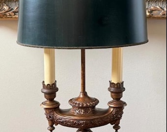 Vintage Frederick Cooper Brass Bouillotte Lamp With Dark Green Shade 27.5”