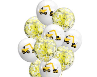 10PCS Construction Truck Balloon Set Builder Party Supplies White Excavator Bulldozer Confetti Latex Balloons Kids Birthday Decoration