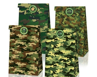 12pcs Army Camouflage Paper Loot Bags | 18pcs Stickers | Military Theme Lolly Gift Bags Party Favours