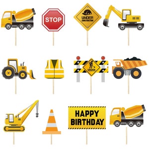 24PCS Construction Truck Vehicles Cupcake Toppers Builder Dumper Truck Bulldozer Excavator Stop Sign Party Supplies Kids Birthday Decoration