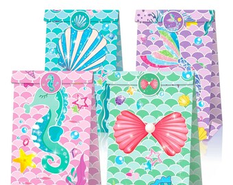 12pcs Mermaid Paper Loot Bags | 18pcs Stickers | Under The Sea Theme Girls Birthday Party Favour Bags