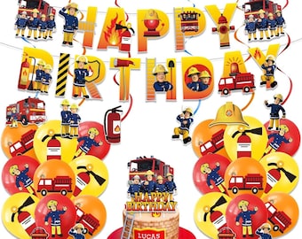 Fireman Sam Theme Party Decorating Set | Birthday Banner | Latex Balloons | Cake Toppers | Swirls | Kids Fire Truck Birthday Party Decor