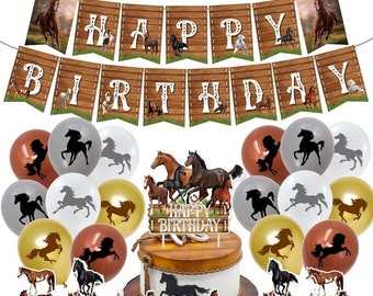 Horse Racing Theme Party Decorating Set | Party Banner | Cake Cupcake Toppers | Brown White Gold Latex Balloons for Birthday Party Decor