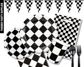 Checkered Racing Party Supplies Tableware | Pennant Banner Plates Cups Napkins Tablecloth