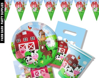 Farm Animals Party Supplies | Pennant |  Cow Print Balloons | Backdrop | Plates | Cups | Napkins | Loot Bags | Invitations | Blowouts