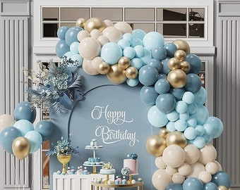 Retro Dusty Blue Sand Metallic Gold Balloon Garland Kit | Baby Shower Wedding Anniversary Birthday Party Decorations