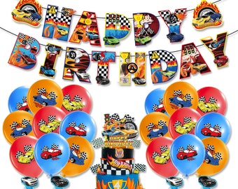 May include: A birthday party decoration set featuring a banner that says "Happy Birthday" with a race car theme. The set includes balloons, cupcake toppers, and a cake topper. The balloons are blue and orange with a checkered pattern and race cars printed on them. The cupcake toppers are blue and white with a race car design. The cake topper is a blue and white checkered cake with a race car on top. The set is perfect for a child's birthday party.
