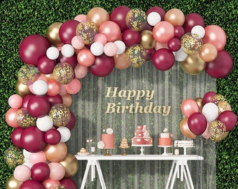 119pcs Burgundy Pink Gold Balloon Garland Arch Kit | Champagne Rose Gold Metallic Wine Red Pastel Pink Confetti Balloons Party Decorations