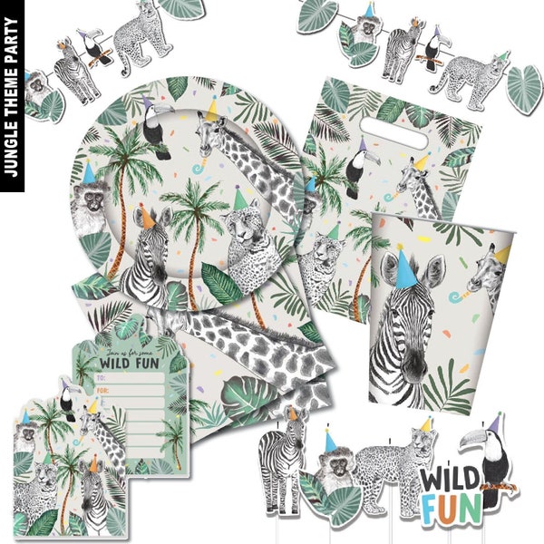 Jungle Animals Giraffe Zebra Leopard Tableware | Plates | Cups | Napkins | Loot Gift Bags | Cupcake Topper | Bunting | Invitation Cards