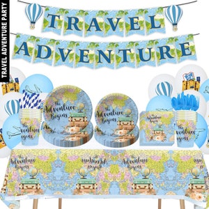 May include: A travel-themed party supply set with blue and white paper plates, cups, napkins, and straws. The set also includes a blue and white tablecloth with a world map design, balloons, and a banner that reads "TRAVEL ADVENTURE".