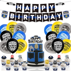 Police Theme Party Decorating Set | Birthday Banner | Latex Balloons | Cake Cupcake Toppers for Kids Police Birthday Party Decorations
