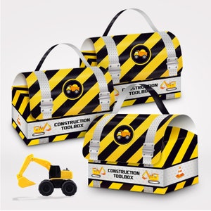 12PK Construction Paper Lolly Gift Box | Construction Toolbox Dump Truck Excavators Caution Zone Gift Box for Kids Birthday Party Favours