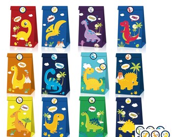 12PK Cartoon Dinosaur Paper Lolly Gift Bag & 18Pcs Mini Dinosaur Stickers for Baby Shower Kids Birthday Party Favours