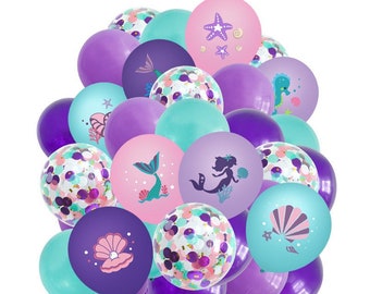 38pcs Tiffany Purple Blue Pink Mermaid Balloon Set | Mermaid Shell Seahorse Print Latex Balloons for Kids Girls Birthday Party Decorations