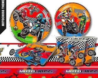Motorcycle Theme Birthday Party Tableware | Paper Plates Cups Napkins Tablecloth Gift Loot Bags