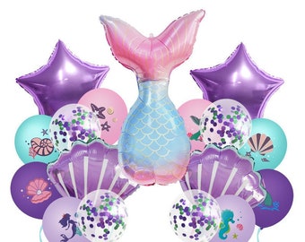 17pcs Mermaid Theme Party Balloons | Pink Blue Purple Mermaid Latex Balloons for Kids Girls Birthday Party Decor