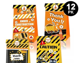 12Pcs Construction Trucks Paper Loot Bag | 18pcs Mini Stickers | Boy Birthday Lolly Gift Bags Party Favours